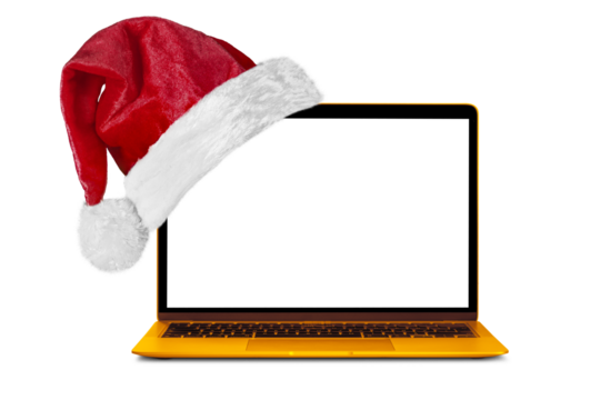 modern laptop computer with a Santa Claus hat for Christmas on a transparent background in PNG