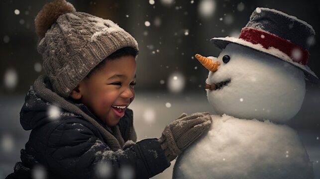 Naklejki Little boy playing with funny snowman. Child pat lightly on the snowman and talk to it. Active outdoors leisure with children in winter.