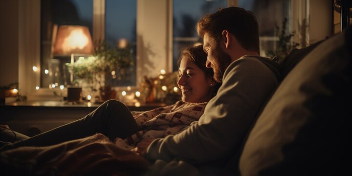 Cozy young couple have a romantic moment in their sofa at home with a chilled ambiance, covered with blanket and cuddle with each other in a warm winter night.