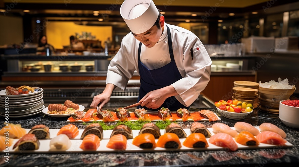 Wall mural japanese chef is making sushi in a decent sushi bar, food preparing for restaurant or event.