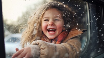 Happy little girl watching and playing with snow from an open car window on the trip of a snowy winter holiday, joyful kid have fun with snow flakes. - obrazy, fototapety, plakaty