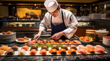 Japanese chef is making sushi in a decent sushi bar, food preparing for restaurant or event.