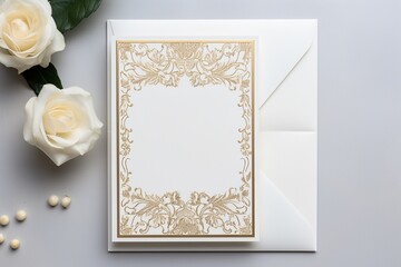 Empty beautiful wedding invitation card with golden floral frame isolated on blurred floral wooden background, mock up and template for invitation card design.