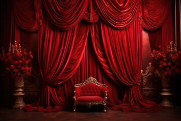 Theater stage with red curtains - obrazy, fototapety, plakaty