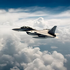 Military aircraft in flight at speed in the clouds. Air Force.