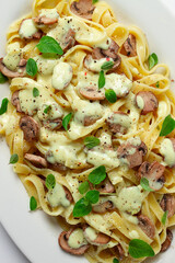 fettuccine with champignons, basil, in cream sauce, homemade, no people,