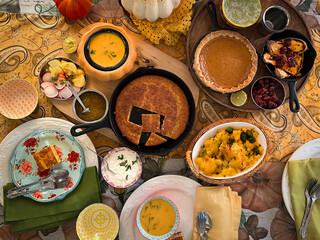 Vegan  Thanksgiving table setting consisting of traditional but vegan dishes: corn soup, pumpkin pie, , corn bread, roasted squash, mashed potatoes