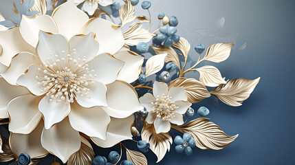 a close up of a flower on a blue background.   Illustration of a Ivory color flower, Perfect for Wall Art.