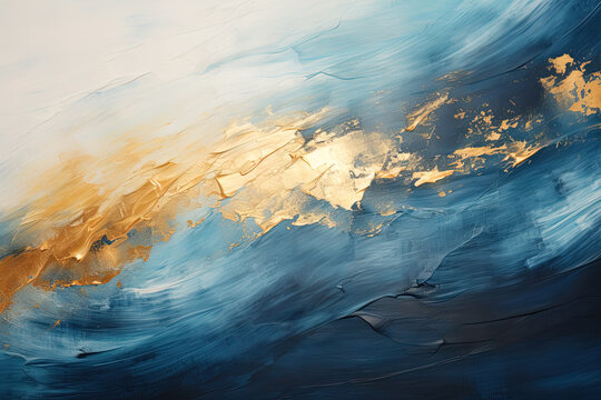 blue and gold abstract oil painting on canvas, acrylic texture background, rough brushstrokes of paint