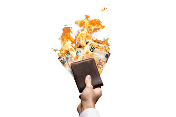 Burning Euro bills in a wallet held by a hand