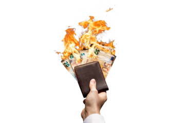 Burning Euro bills in a wallet held by a hand
