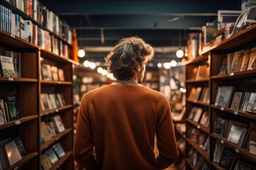 view from the back of a young man with wavy hair in a sweater stands in a bookstore among the shelves with books