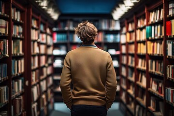view from the back of a young man in a light sweater stands in a library among the shelves with books