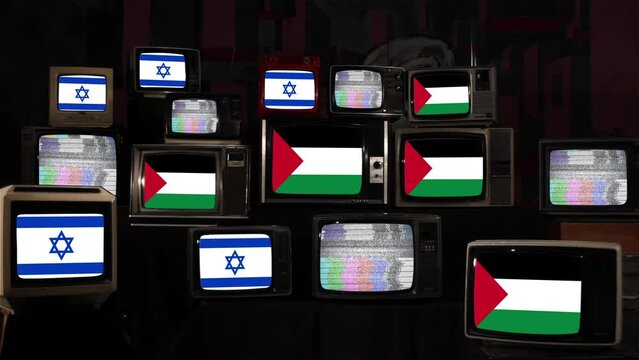 Flags of Israel and Flags of Palestine on Vintage Televisions. 4K Resolution.
