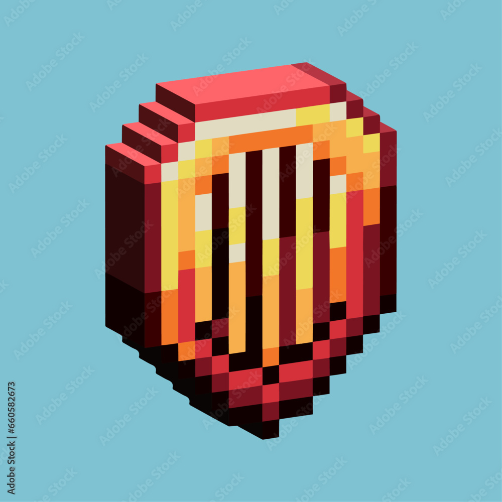 Poster isometric pixel art 3d of gold shield for items asset. golden shield on pixelated style.8bits perfec