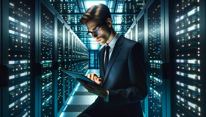 Modern IT Expert Analyzing Data in High-Tech Server Room: Dedicated Professional Monitoring Digital Infrastructure - Illuminated Servers Reflecting Cutting-Edge Technology and Network Solutions
