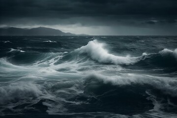 Stormy ocean with intense waves in a dark style. Generative AI