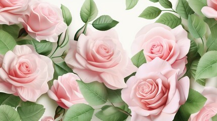 BLUSH PINK SEAMLESS 3D ROSESrose buds FLOWERS GREEN.Generative AI - obrazy, fototapety, plakaty