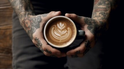 Elevated view of man with tattoo holding a cup of Coffee.Generative AI - obrazy, fototapety, plakaty