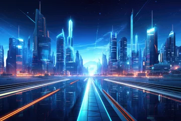 Poster Futuristic city technology with digital glowing light reflection, smart modern mega city, neon technology background, Night life Smart futuristic city big data technology concept. © TANATPON