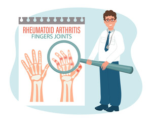 Rheumatoid arthritis. Osteoarthritis of the joints of the fingers. Male doctor with a magnifying glass. Medical infographic banner, poster, vecto