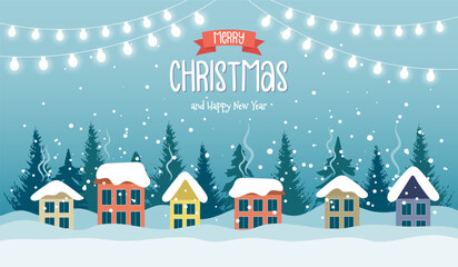 Winter landscape with cute houses, trees and night sky with moon, Merry Christmas greeting card template. Illustration in flat style. Vector