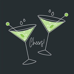 Champagne glasses, martini glasses with olives. Holiday Card, flat illustration, print, vector