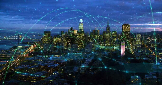 
Great Aerial view of San Francisco Skyline With Network Connection Representing: 5G, Modern Wifi, Augmented Reality, Internet of Things. Shot from Helicopter in 8K.