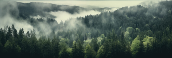 Mystical Black Forest Landscape - Amazing Rising Fog among the Trees in Schwarzwald, Germany. Panorama Banner with a Dark Mood - obrazy, fototapety, plakaty