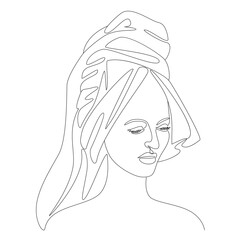 Silhouettes of a girl's head in a turban, a scarf, a towel. Woman face in modern one line style. Solid line, aesthetic outline for decor, posters, stickers, logo. Vector illustration.