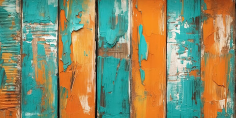 Vintage Wood Aesthetic - Old Rustic Abstract Painted Wooden Wall, Table, and Floor Texture Featuring a Palette of Orange and Turquoise Acrylic and Oil Colors, Ideal for Background Illustration