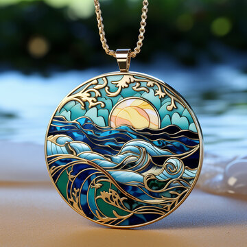 cloisonne different necklace sea background created with Generative Ai