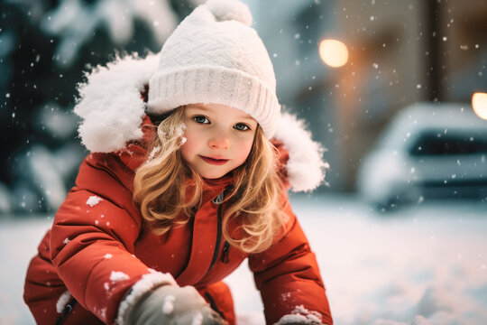 A little girl plays outdoors in the snow in winter.