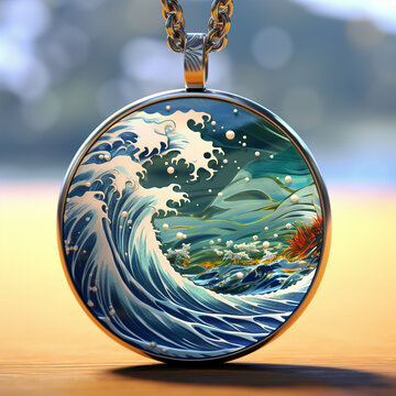 cloisonne different necklace sea background created with Generative Ai