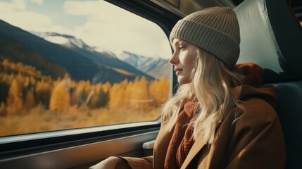Cinematic and symmetrical beautiful shot of female traveler, travel blogger and inspired adventurer hang out of train window, look at amazing landscape of autumn mountains