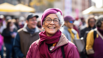 Close up portrait of female activist standing in a crowd of women during demonstration for women's rights