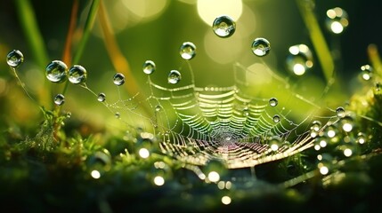 A cobweb laden with dewdrops, each reflecting a miniature world.