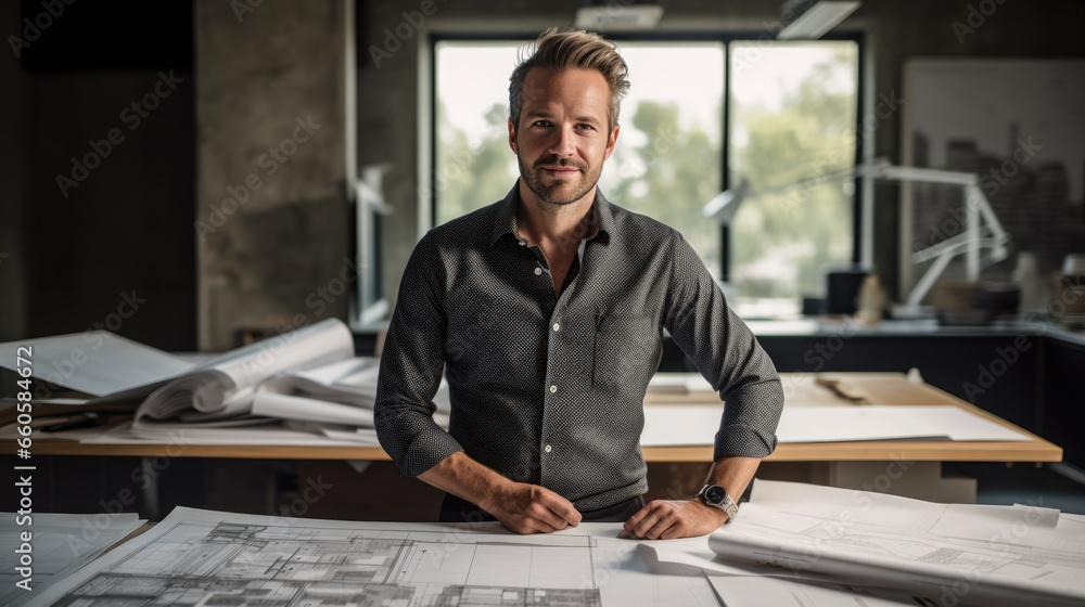 Poster male architect stands in an office in front of a desk with various architectural projects