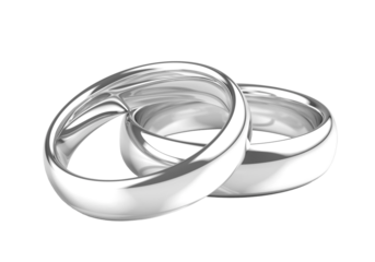 Two white gold, platinum or silver wedding rings. Png clipart isolated on transparent background
