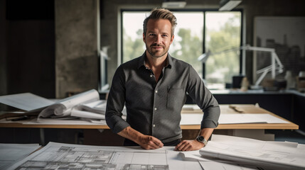 Male architect stands in an office in front of a desk with various architectural projects