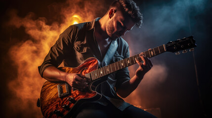 Fototapeta na wymiar Male musician playing guitar at a rock concert