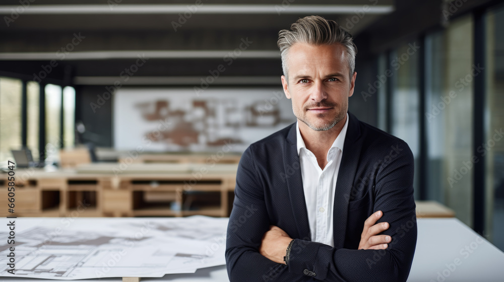 Poster male architect stands in an office in front of a desk with various architectural projects