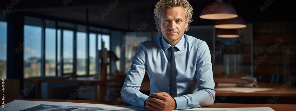 Aufkleber male architect stands in an office in front of a desk with various architectural projects