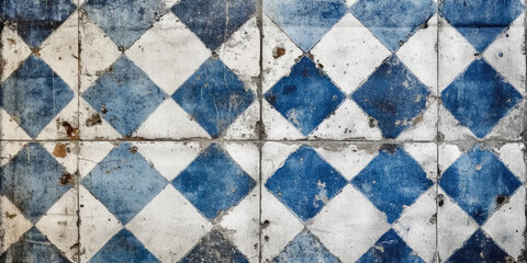 Vintage Shabby Patchwork Chessboard Wall - Old Blue and White Checkered Chess Tiles in Rusty Concrete Cement Texture Background Banner