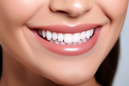 Cropped photo of woman mouth with perfect white bright smile and healthy teeth