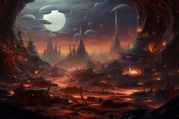 Futuristic alien fantasy landscape. Fiction space. Generate Ai