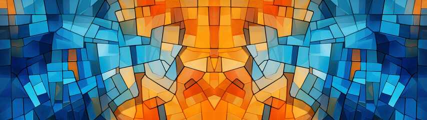Abstract colored shapes in orange and blue on window, combined with black lines, as mosaic,...