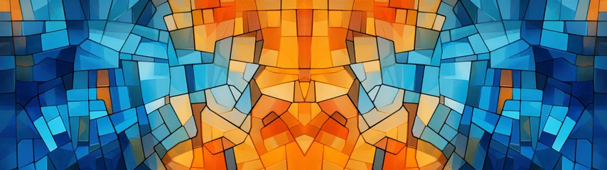 Crédence de cuisine en verre imprimé Coloré Abstract colored shapes in orange and blue on window, combined with black lines, as mosaic, background, texture