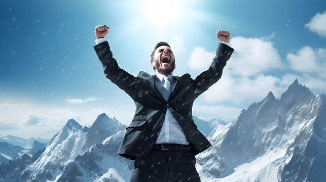 un homme en costume, les bras en l'air en signe de victoire, au sommet d'une montagne enneigée