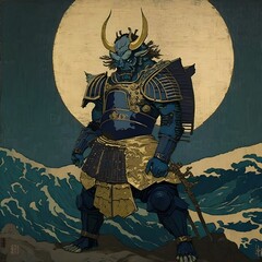 an oil painting of an Oni samurai blue and gold moonlight full armour full body by Vincent van Gogh 